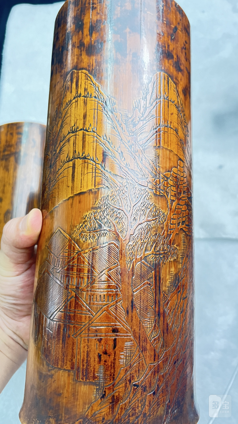 竹刻山水人物帽筒一对 - 图8